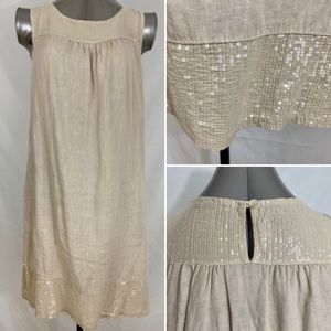 Italian Linen Dress Clear Sequins Beige Size Small